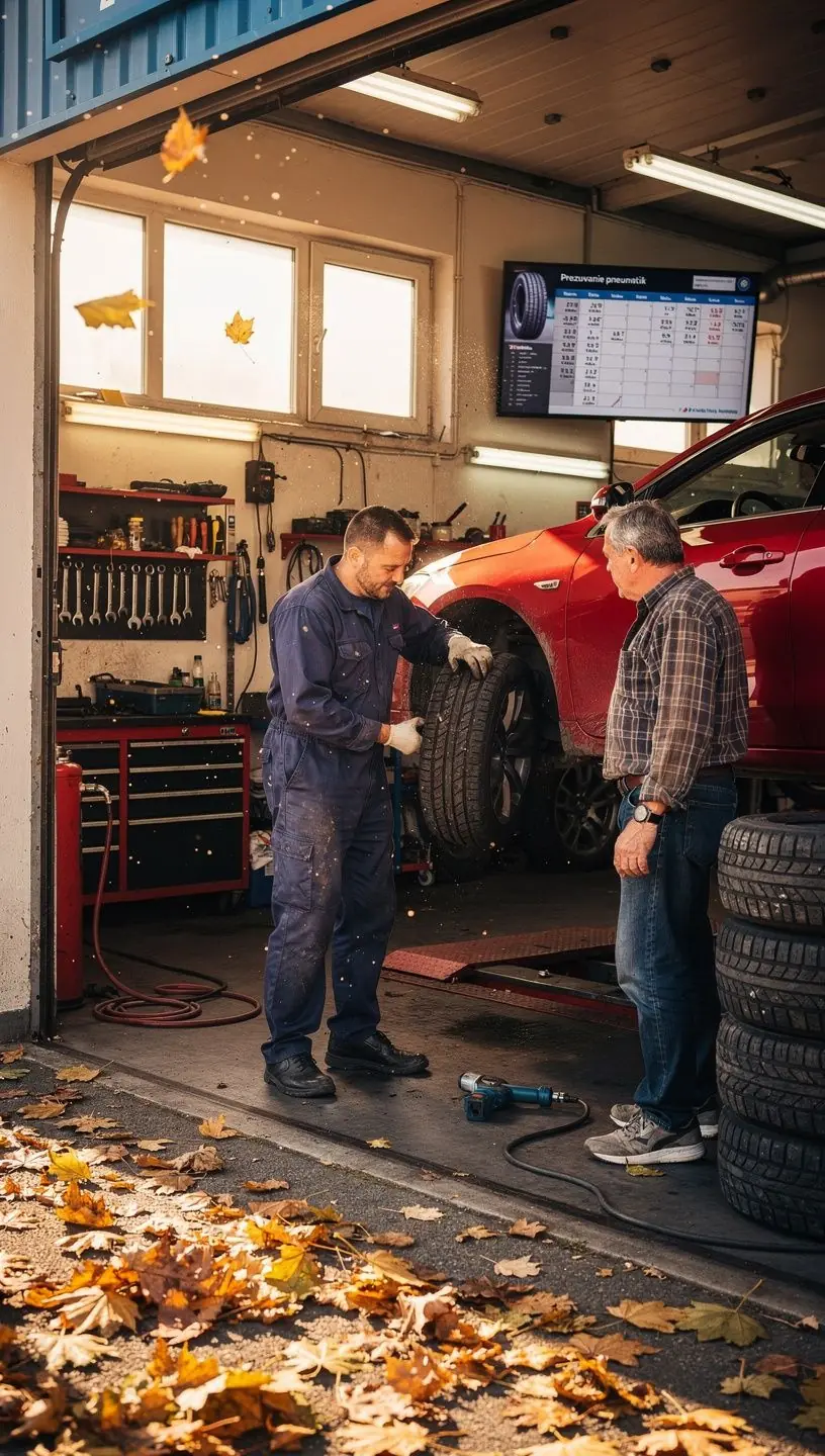 Pracovník autoservisu starostlivo skladá pneumatiky do bezpečného priestoru na uskladnenie.